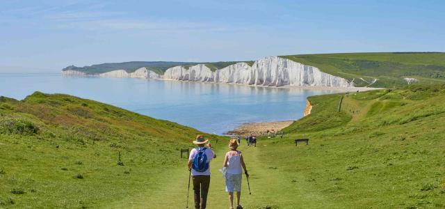 Couple walking in a field with the ocean in the background